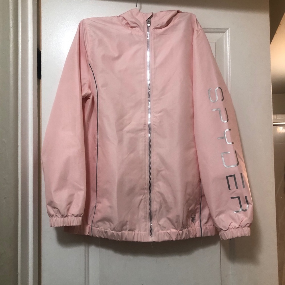 Spyder women’s ' Pink Hooded Rain Jacket with Reflective Logo Size Small Great